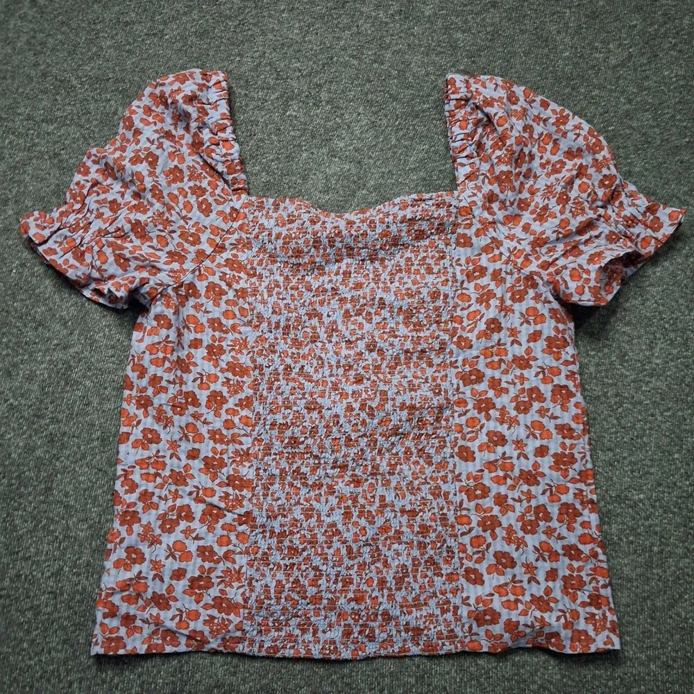 Madewell Floral Feminine Dainty Button-Front Puff Sleeve Top Blue Red Size 0